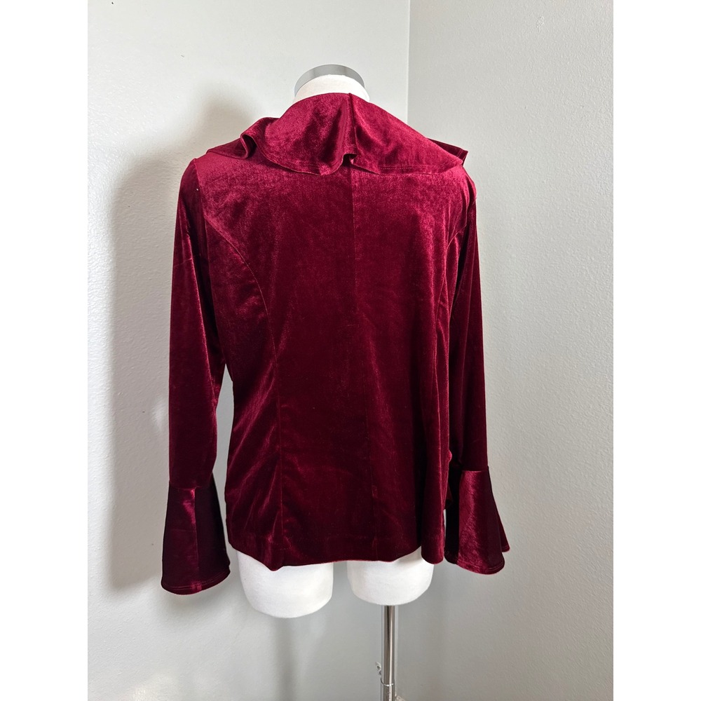 Notations Y2K Burgundy Velvet Ruffle Front Bell Sleeve‎ Open Cardigan Jacket M - Picture 9 of 9